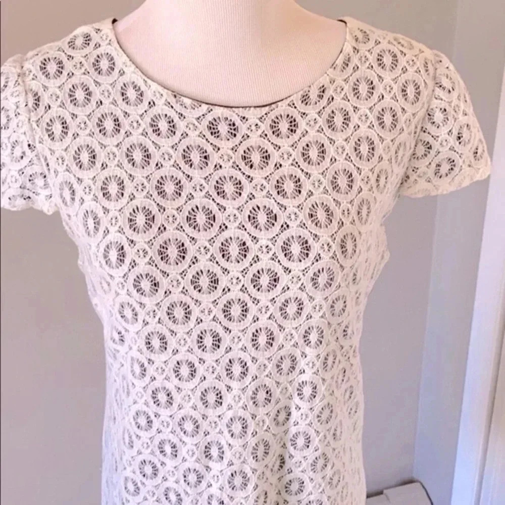 Ivory Crochet Lace Shift Dress Cap Sleeve Cream Boho Size 10 - Picture 2 of 10